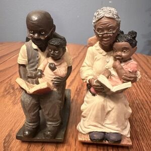 Vintage African-American Grandpa Grandma Reading Kids Figurine Vantage Point 90s
